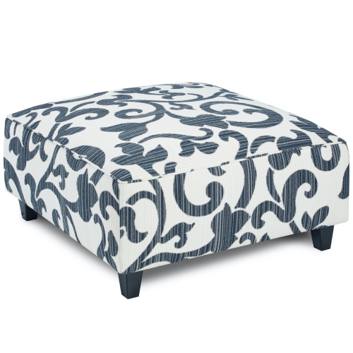 38" Square Cocktail Ottoman in Sonata Navy Blue & White Floral Fabric