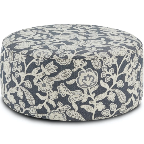 39" Round Ottoman in Sophie Indigo Blue Floral Fabric