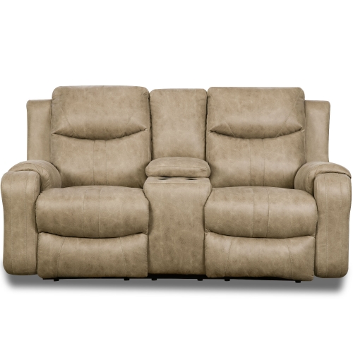 Marvel Power Headrest Reclining Console Loveseat in Tan Fabric