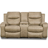 Marvel Power Headrest Reclining Console Loveseat in Tan Fabric