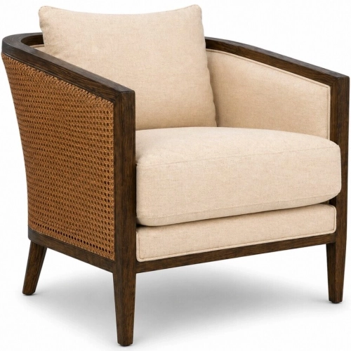 Amani Accent Chair in Brown & Golden Oak Wood, Cane & Windfield Natural Fabric