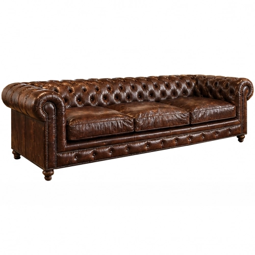 Greenwich 118" Chesterfield Sofa in Valencia Dark Brown Leather & Espresso Oak