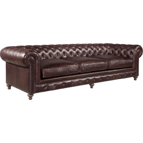 Greenwich 118" Chesterfield Sofa in Valencia Dark Brown Leather & Espresso Oak
