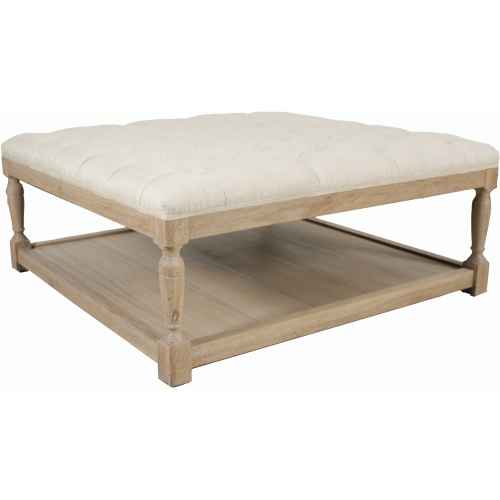 Lucerne Cocktail Ottoman in Tufted Natural Fabric & Washed Oak