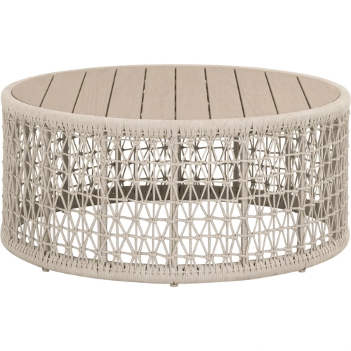 Knit Outdoor Round Coffee Table in Washed Teak & Oat Poly Rope