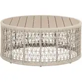 Knit Outdoor Round Coffee Table in Washed Teak & Oat Poly Rope