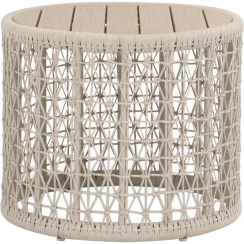 Knit Outdoor Round End Table in Washed Teak & Oat Poly Rope