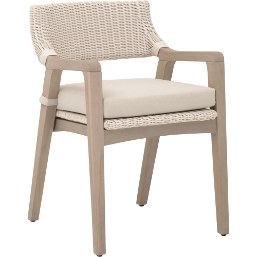 Lucia Outdoor Dining Arm Chair in White Wicker, Stone Fabric & Washed Teak