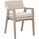 Lucia Outdoor Dining Arm Chair in White Wicker, Stone Fabric & Washed Teak