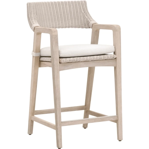 Lucia Outdoor Counter Stool in White Wicker, Stone Fabric & Washed Teak