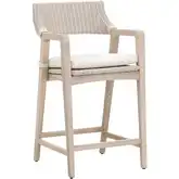 Lucia Outdoor Counter Stool in White Wicker, Stone Fabric & Washed Teak