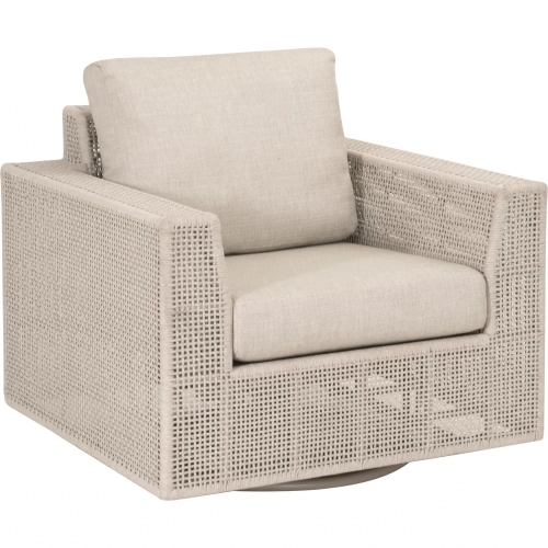 Tropez Outdoor Swivel Rocker Accent Chair in Oat Rope, Ecru Fabric & Metal