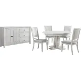 Dover 6 Piece 54" Round to 72" Oval Dining Set w/ Sideboard in Off White Fabric & Cerused White Wood