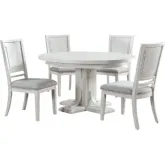 Dover 5 Piece 54" Round to 72" Oval Extension Dining Set in Off White Fabric & Cerused White Wood