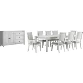 Dover 10 Piece 60 to 96" Extension Dining Set w/ Sideboard in Off White Fabric & Cerused White Wood