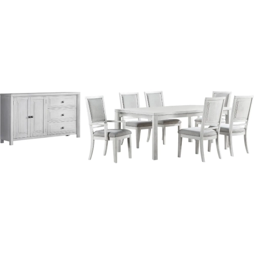 Dover 8 Piece 60 to 96" Extension Dining Set w/ Sideboard in Off White Fabric & Cerused White Wood