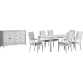Dover 8 Piece 60 to 96" Extension Dining Set w/ Sideboard in Off White Fabric & Cerused White Wood