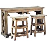 Cottage 60" 3 Piece Console Table & Bar Stool set in Distressed Driftwood Mahogany