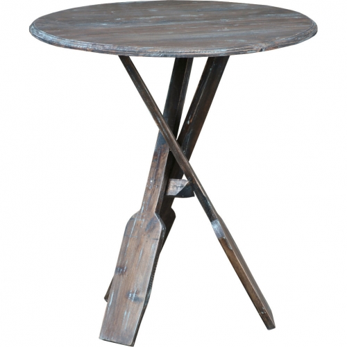 Cottage Round Boat Oar End Table in Distressed Brown & Blue