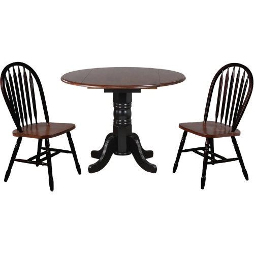 Andrews 3 Piece Dining Set w/ Round Antique Black Drop Leaf Table & Black & Wood Windsor Chairs