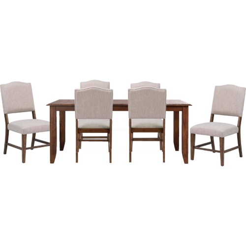 Simply Brook 7 Piece 72" Extension Dining Set in Distressed Brown Wood & Beige Gray Fabric