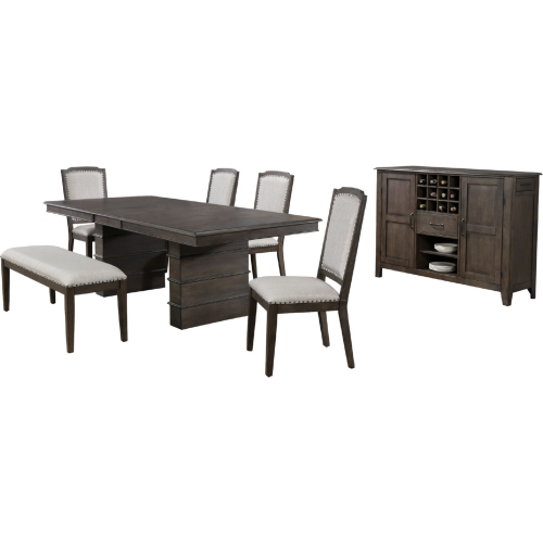 Cali 7 Piece Extension Dining Set with Server in Wood & Gray Fabric