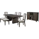 Cali 7 Piece Extension Dining Set with Server in Wood & Gray Fabric