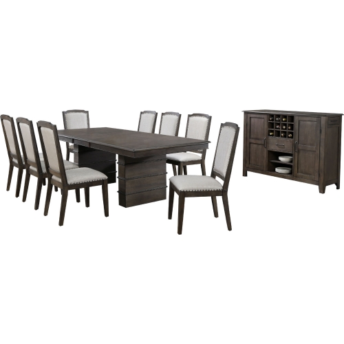 Cali 10 Piece Extension Dining Set with Server in Wood & Gray Fabric