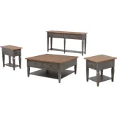 Dakota 4 Piece Square Coffee Table Set w/ Drawers & Shelves in Distressed Brown & Ash Gray Wood