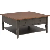 Dakota 42" Square Coffee Table w/ Drawers & Shelf in Distressed Brown & Ash Gray Solid Wood