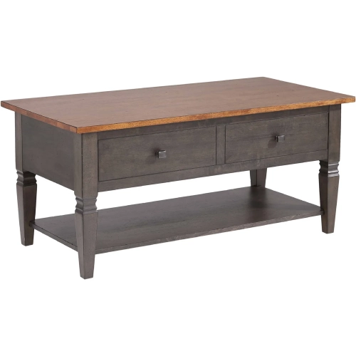 Dakota 44" Coffee Table w/ Drawers & Shelf in Distressed Brown & Ash Gray Solid Wood