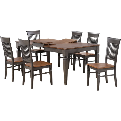 Dakota 7 Piece 60 to 78" Dining Set w/ Slat Back Chair in Distressed Brown & Ash Gray Wood