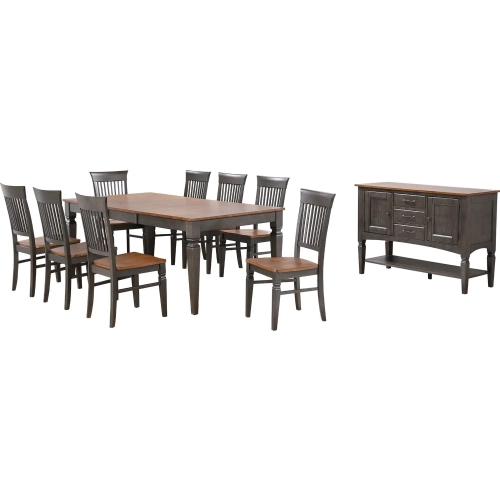 Dakota 10 Piece 60 to 78" Dining Set w/ Slat Back Chair & Buffet in Distressed Brown & Ash Gray Wood