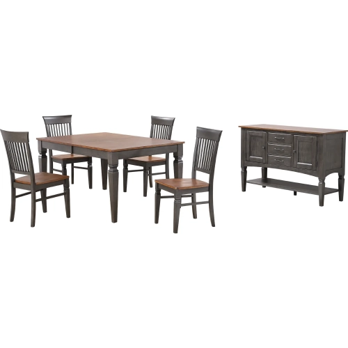 Dakota 6 Piece 60 to 78" Dining Set w/ Slat Back Chair & Buffet in Distressed Brown & Ash Gray Wood