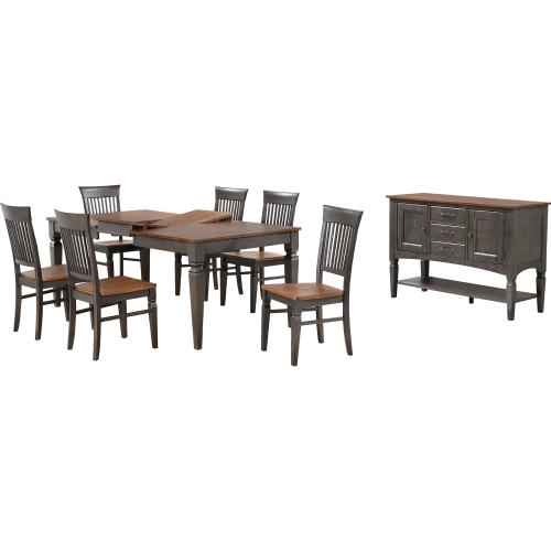 Dakota 8 Piece 60 to 78" Dining Set w/ Slat Back Chair & Buffet in Distressed Brown & Ash Gray Wood