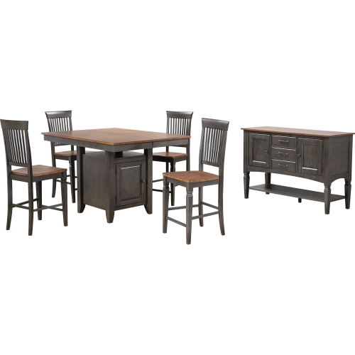 Dakota 6 Piece 42 to 54" Counter Dining Set w/ Storage & Sideboard in Distressed Brown & Gray Wood