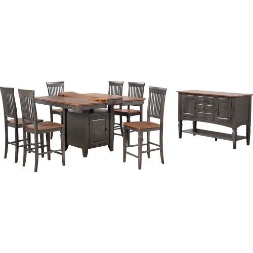 Dakota 8 Piece 42 to 54" Counter Dining Set w/ Storage & Sideboard in Distressed Brown & Gray Wood
