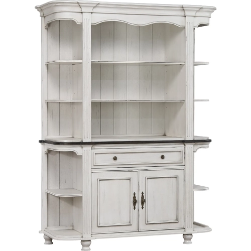 French Chic China Cabinet in Antique White & Walnut Brown Wood