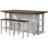 French Chic 3 Piece Dropleaf Kitchen Island Set in Antique White & Walnut Brown Solid Wood