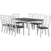 French Chic 9 Piece 60" to 96" Extension Dining Set in Distressed White & Brown Wood
