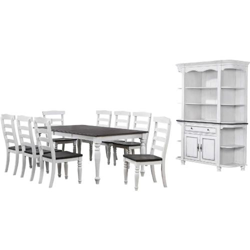 French Chic 10 Piece 60" to 96" Extension Dining Set w/ Cabinet in Distressed White & Brown Wood