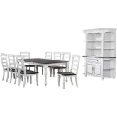French Chic 10 Piece 60" to 96" Extension Dining Set w/ Cabinet in Distressed White & Brown Wood