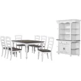 French Chic 8 Piece 60" to 96" Extension Dining Set w/ Cabinet in Distressed White & Brown Wood