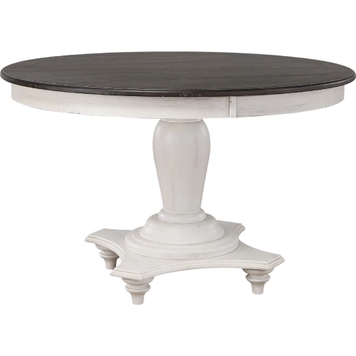 French Chic 48" Round Adjustable 30"H to 36"H Pedestal Dining Table in Distressed White & Brown Wood