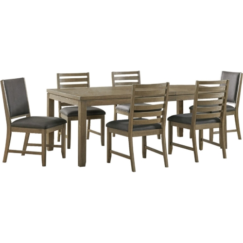 Saunders 7 Piece Extension Dining Set in Distressed Acacia Wood & Gray Fabric