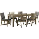 Saunders 7 Piece Extension Dining Set in Distressed Acacia Wood & Gray Fabric