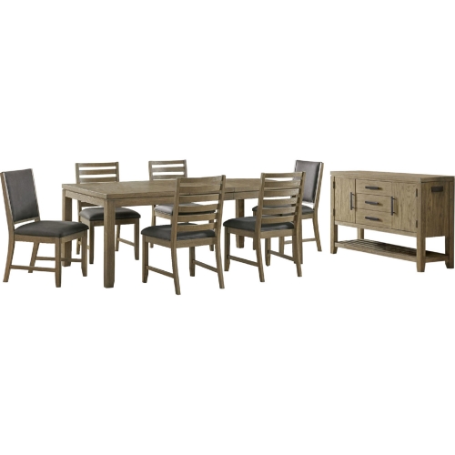 Saunders 8 Piece Extension Dining Set with Server in Distressed Acacia Wood & Gray Fabric