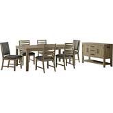 Saunders 8 Piece Extension Dining Set with Server in Distressed Acacia Wood & Gray Fabric