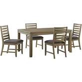 Saunders 5 Piece Extension Dining Set in Distressed Acacia Wood & Gray Fabric