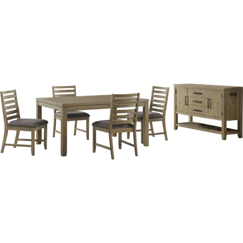 Saunders 6 Piece Extension Dining Set with Server in Distressed Acacia Wood & Gray Fabric